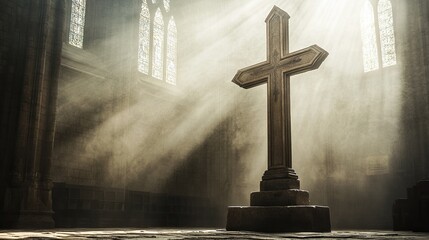 A large stone cross standing in a cathedral, bathed in soft light from the church windows .