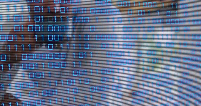 Animation of binary coding data processing over caucasian man drinking coffee