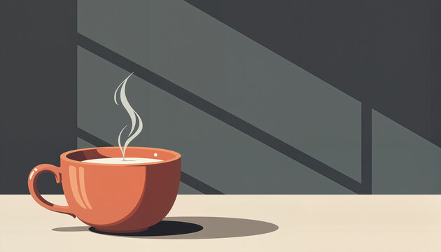 Cup of hot coffee with steam rising, set against a minimalistic backdrop featuring shadows from window blinds. Concept of morning routine, relaxation, or coffee culture.