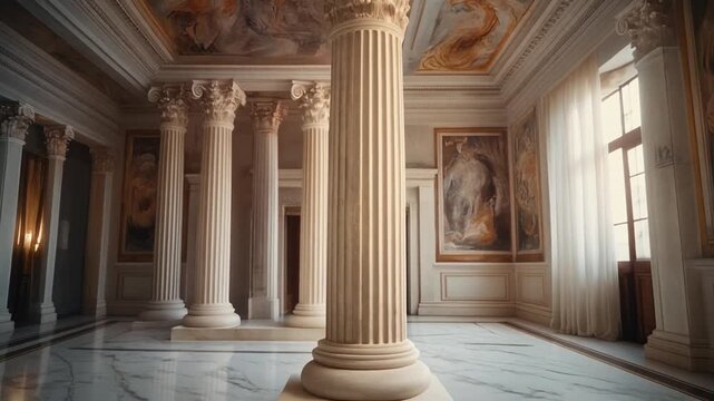 Elegant interior scene with classic columns and paintings in a luxurious setting
