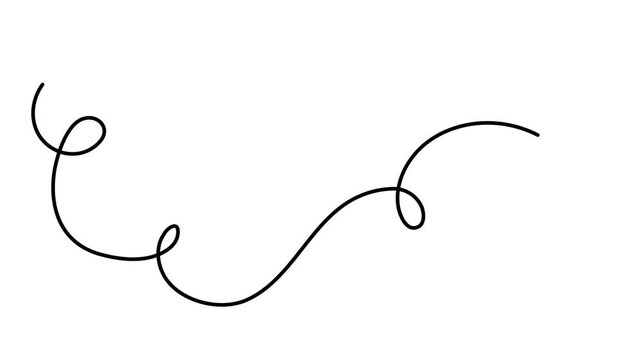 Wavy scribbly stroke one line art animation, hand drawn scribbly curly dividing element continuous drawing contour motion. Twiddle swirl separator curve strip with volutes and tendril outline video. 4