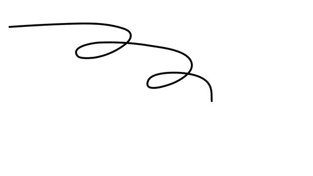 Wavy scribbly stroke one line art animation, hand drawn scribbly curly dividing element continuous drawing contour motion. Twiddle swirl separator curve strip with volutes and tendril outline video. 4
