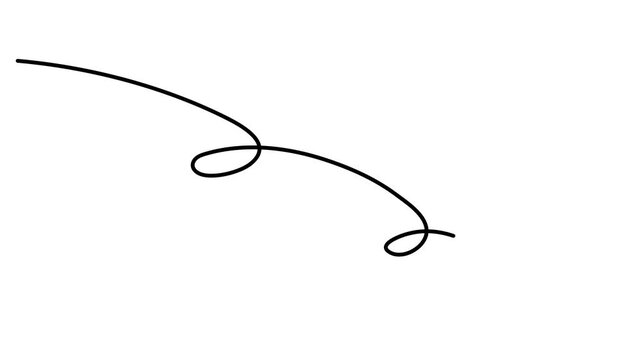 Wavy scribbly stroke one line art animation, hand drawn scribbly curly dividing element continuous drawing contour motion. Twiddle swirl separator curve strip with volutes and tendril outline video. 4