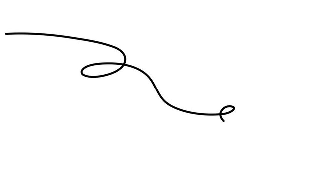 Wavy scribbly stroke one line art animation, hand drawn scribbly curly dividing element continuous drawing contour motion. Twiddle swirl separator curve strip with volutes and tendril outline video. 4