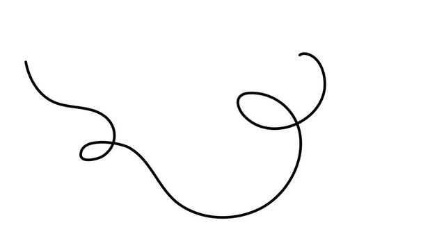 Wavy scribbly stroke one line art animation, hand drawn scribbly curly dividing element continuous drawing contour motion. Twiddle swirl separator curve strip with volutes and tendril outline video. 4