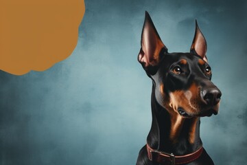 Doberman pinscher portrait looking right with a blank thought bubble for copy space
