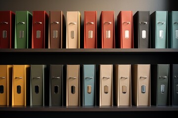 Document binders in varying colors organized on office archive shelves, representing organization and filing