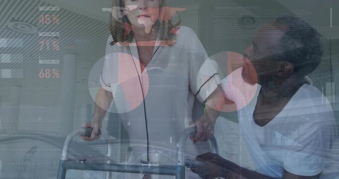 Animation of financial data processing over senior diverse couple using walking frame