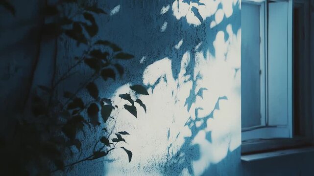 Sunlight illuminating a textured wall, creating a dynamic pattern of leaf shadows contrasting with the dark silhouette of foliage and the bright, reflective window frame