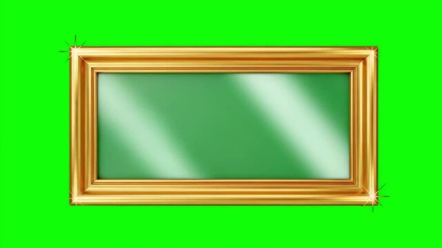On a green background, a green rectangle frame with a gold border, free space for text and product advertising. Animation of a luxury frame in a minimalism style.