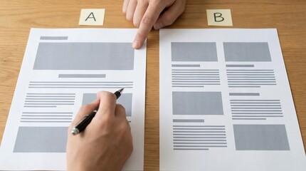 Man comparing two mockups, A and B, on paper sheets. A/B testing concept for website optimization and choosing best design.