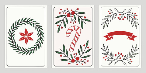 Elegant Christmas Card Trio &ndash; Poinsettia Wreath, Candy Cane, and Ribbon Banner with Greenery and Berries
