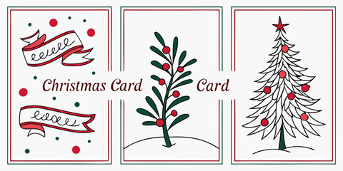 Obraz premium Whimsical Christmas Card Panels – Decorative Ribbons, Snowy Hills, and Festive Tree with Red Accents