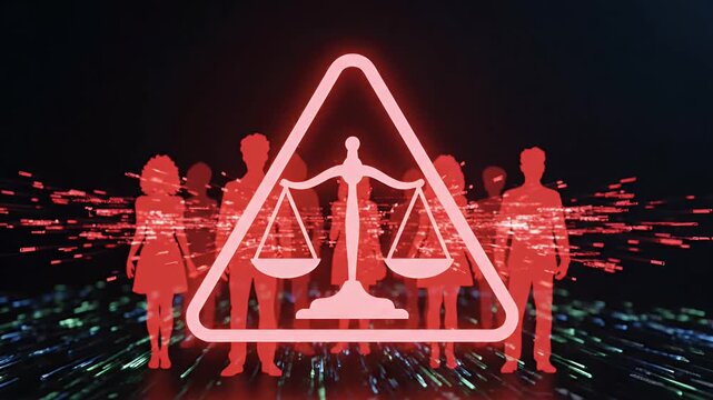 Digital Law Alert - The video shows a neon red scales of justice symbol inside a warning triangle, with a glitch effect and light trails underneath.
