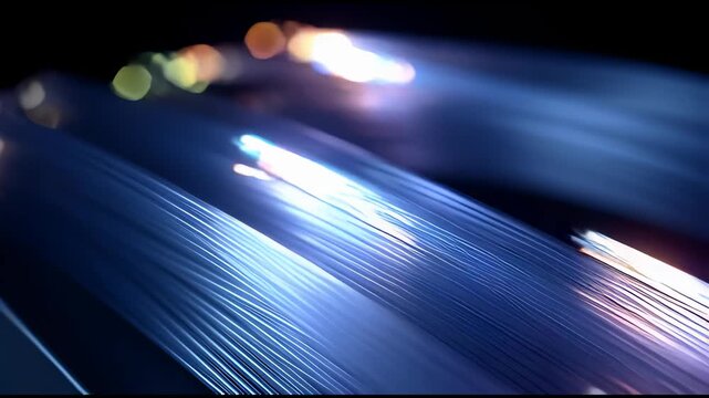 Abstract close-up of light pulses traveling across multiple parallel strands, resembling glowing fiber optic cables, set against a dark background.