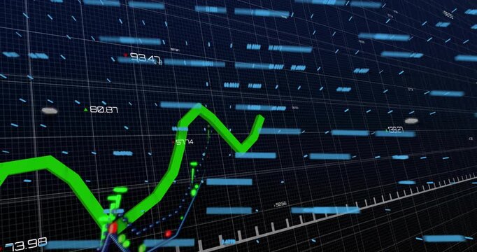 Upon data feed starting, green polyline chart ascending and dipping on 3D grid for trend comparison