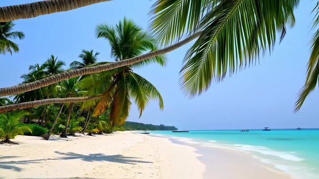 Lush green palm trees frame a pristine white sandy beach and turquoise ocean under a cloudless sky