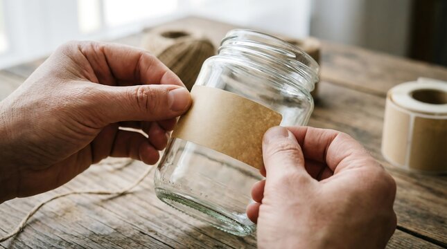 Man applying label on glass jar. Craft hobby and DIY project for homemade preserving. Sustainable living and organic food preparation concept.