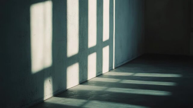 Sunlight streams through a window, casting distinct geometric shadow patterns on a plain textured wall and concrete floor, creating a sense of minimalism and quiet