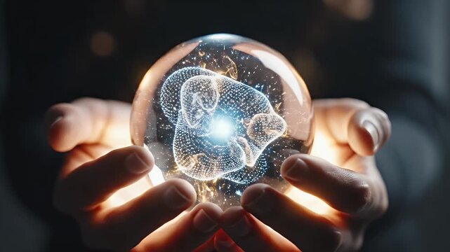 Crystal Ball of Future Technology - A person holds a glowing crystal ball in their hands. Inside the ball, a network of light and energy swirls, representing future possibilities and technologies.