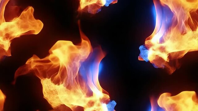 Abstract panoramic banner of vibrant blue and orange fire flames on a black background. Dynamic energy and heat concept for creative design elements and special effects