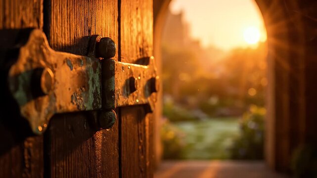 Rustic door opens to bright golden light and sunrise garden