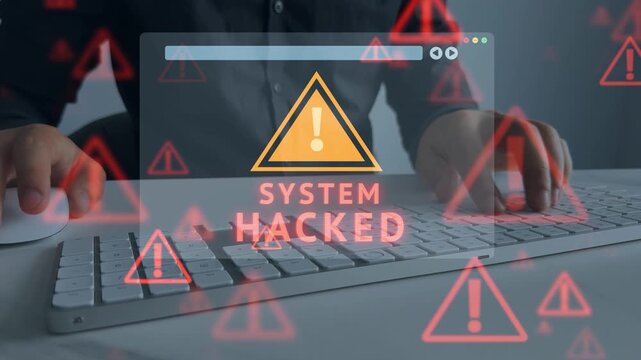 System warning alert signals critical security issue. Monitoring tools detect threats in real time.Scene reflects strong cybersecurity protection.Suspicious activity shows possible breach. 