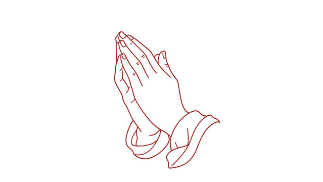 Minimalist red outline of praying hands on white background