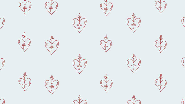 Seamless pattern of sacred hearts with crosses and thorns on light background
