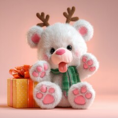 Fototapeta premium Cute Teddy Bear with Antlers and Gift, Celebration Festive Design