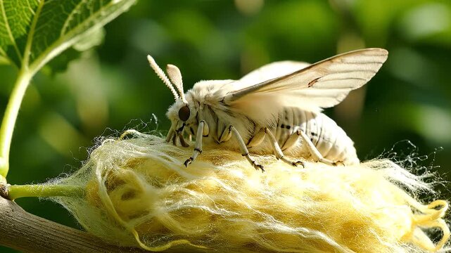 Close-up shot showcasing a silkworm moth resting on a silkworm cocoon on tree branch