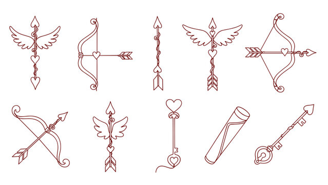 Elegant line art: cupid's bow and arrow with heart motif and winged details