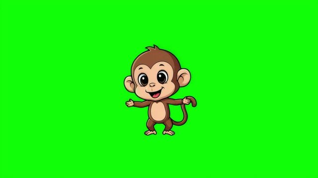 Happy Cartoon Baby Monkey Waving and Dancing with Joyful Expression on Green Screen Chroma Key Loop