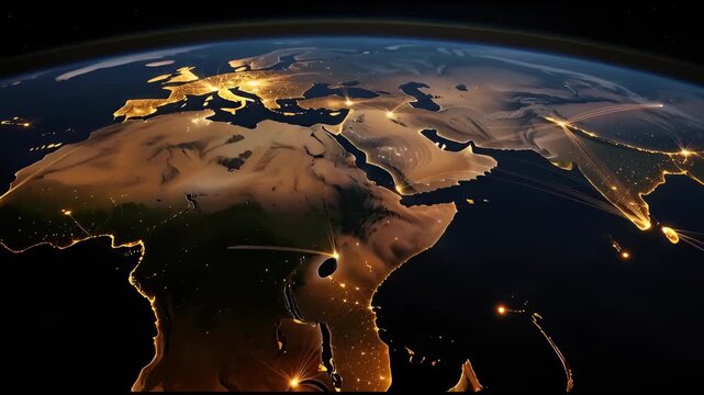 An orbital view of Africa, Europe, and the Middle East at night, illuminated by city lights and animated glowing lines representing global networks.