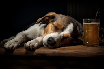 Beagle puppy relaxing, sleeping soundly on a wooden bar counter next to a glass of beer