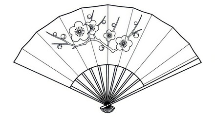 Traditional Asian folding hand fan design featuring flowering branches in simple outline illustration