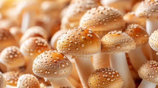 Close-up view of multiple edible mushrooms with orange caps and white stems, showcasing their texture and details in a natural setting with soft lighting