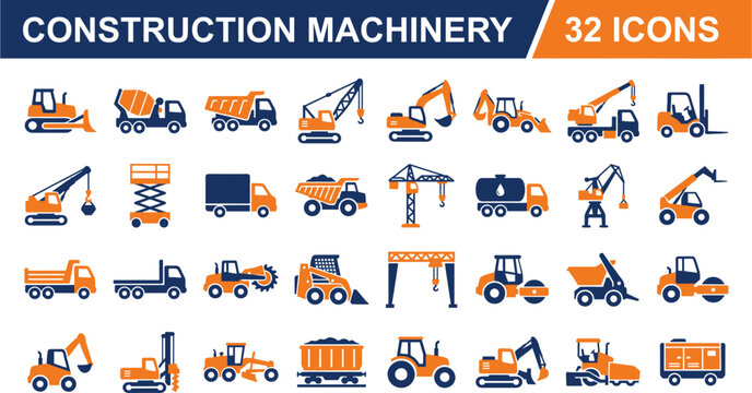 Set of 32 Construction Machinery Icons Flat Vector Illustration of Heavy Equipment Industrial Vehicles and Building Machines
