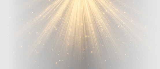 Golden light rays with glowing particles and radiant sunlight effect abstract vector illustration on transparent background © Victoria