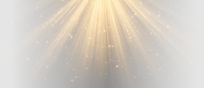 Golden light rays with glowing particles and radiant sunlight effect abstract vector illustration on transparent background