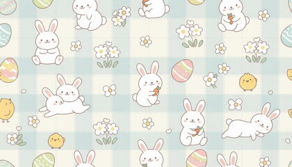 Obraz premium Cute Minimal Flat Seamless Pattern with White Rabbits and Easter Elements
