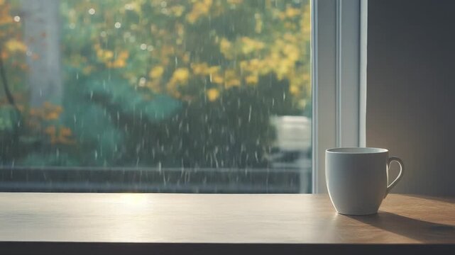 White ceramic mug on a wooden countertop by a window, bathed in soft morning light for a minimalist, cozy, serene still life evoking calm, warmth and quiet reflection