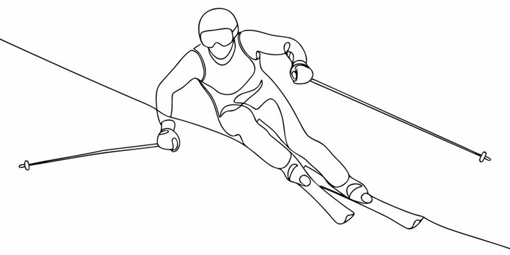 A single continuous line drawing of a skier in motion