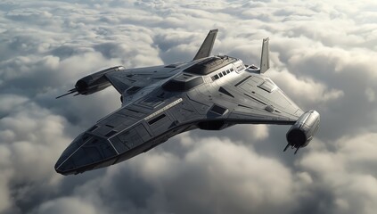 Military alien sci fi ship flying over cloud