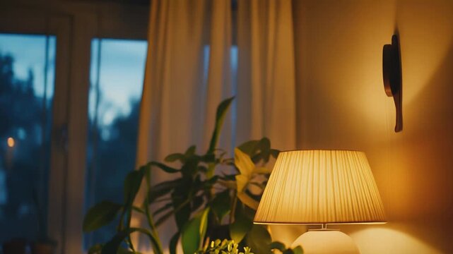 Potted plant illuminated by a glowing table lamp, creating a cozy and relaxing evening atmosphere on a wooden table, emphasizing comfort and domestic tranquility