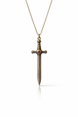 Antique gold sword pendant necklace with gemstone inlaid crossguard and engraved blade hanging on chain isolated on white background