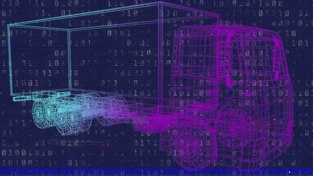 Animation of digital lorry and binary coding on blue background