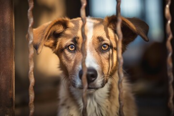 Homeless dog in a shelter cage looking forward with hopeful eyes