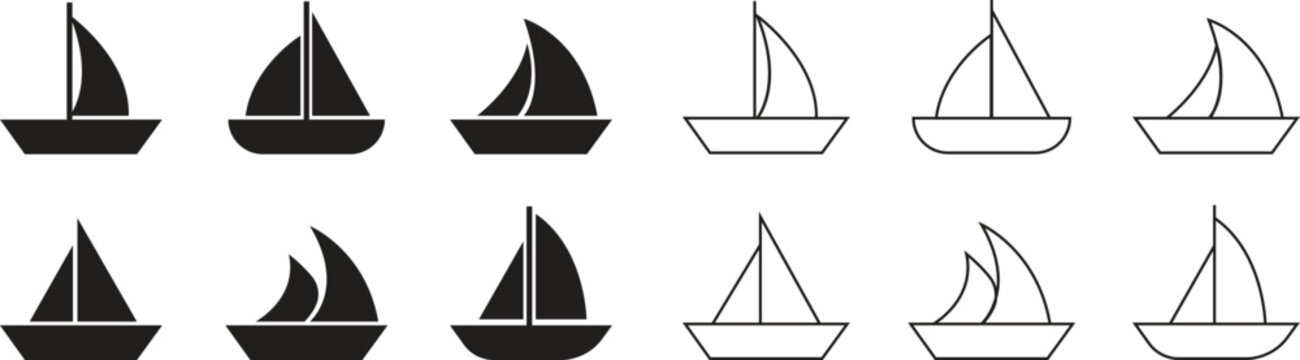 Sailboat sailing boat icon set in flat, outline styles. Marine travel ship transport silhouette sign, yacht ocean sea navigation cruise symbols vectors illustration isolated on transparent background.