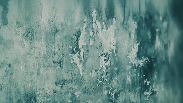 Rough painted wall with peeling teal blue and white paint, distressed textured surface and weathered plaster creating an abstract grunge backdrop and rustic graphic background for copy space